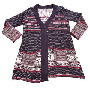 Hanna Andersson Women's Navy Red Nordic Pattern Long Cardigan Size Large